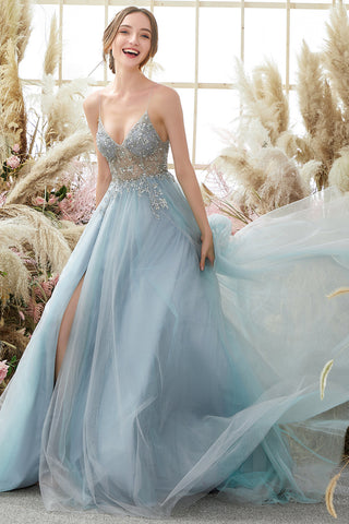 Light Blue Beading Tulle Prom Dress