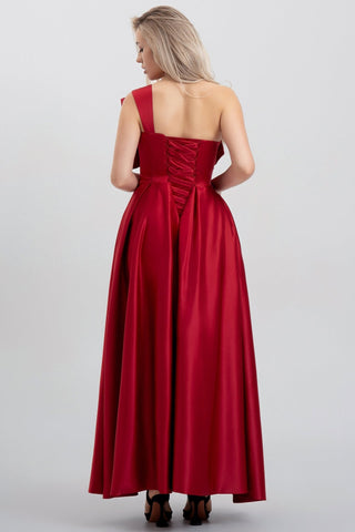 Bow one shoulder maxi dresses in red