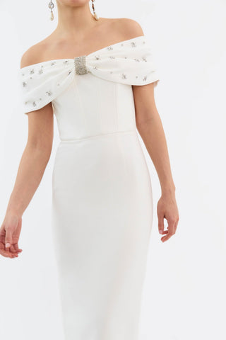 Off Shoulder Crystal Embellished Midi Dress