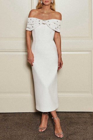 Off Shoulder Crystal Embellished Midi Dress