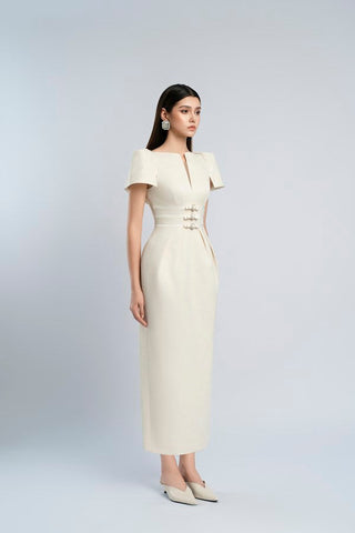 v-cut neckline maxi dress in beige
