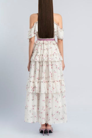 floral print bow collar ruffle flared maxi dress