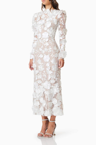 Shannon 3D Floral Midi Dress In White