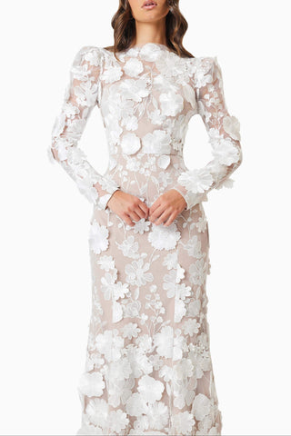 Shannon 3D Floral Midi Dress In White