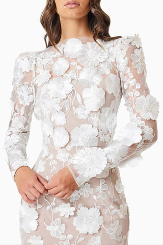 Shannon 3D Floral Midi Dress In White