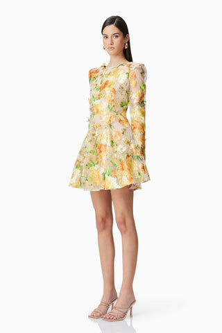 Aella A-Line floral embroidery Mini Dress in Yellow