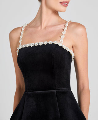 pearl embellished strap mini dress in black