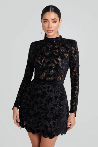 sherry Long-sleeved zippered lace mini dress in black