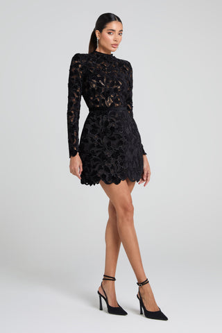 sherry Long-sleeved zippered lace mini dress in black