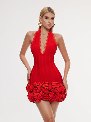 louise Halter Neck Flower Bandage Mini Dress in red