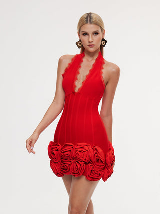 louise Halter Neck Flower Bandage Mini Dress in red