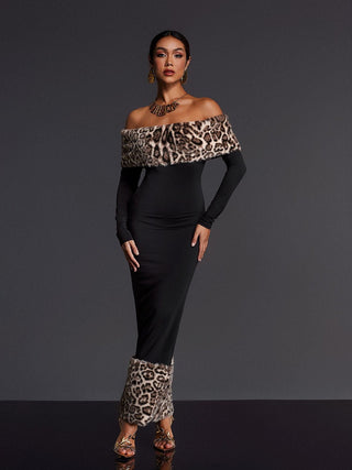clara Off Shoulder Leopard furry Maxi Dress in black