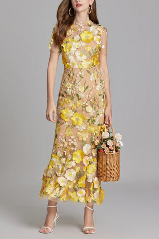 FLORAL EMBROIDERY MESH FISHTAIL MIDI DRESS IN YELLOW