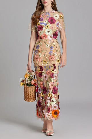 FLORAL EMBROIDERY MESH FISHTAIL MIDI DRESS IN BROWN