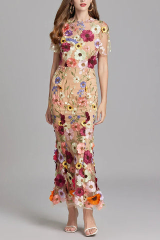 FLORAL EMBROIDERY MESH FISHTAIL MIDI DRESS IN BROWN