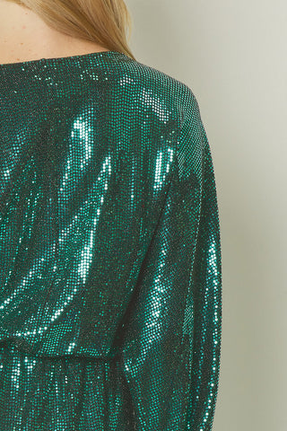 Shiny Green Metallic Long Sleeve Mini Dress