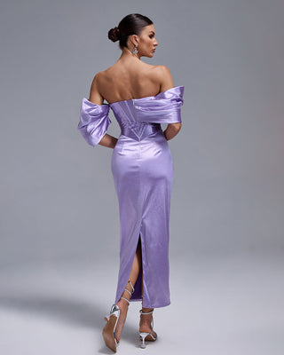 Lavender Satin Off Shoulder Midi Dress