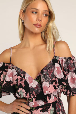 Bloomed Floral Off-the-Shoulder Maxi Wrap Dress in Black