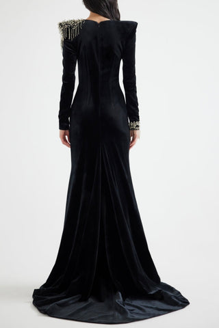 embroidered velvet maxi dress in black