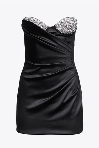 Heidi Diamante Strapless Satin Mini Dress - Black