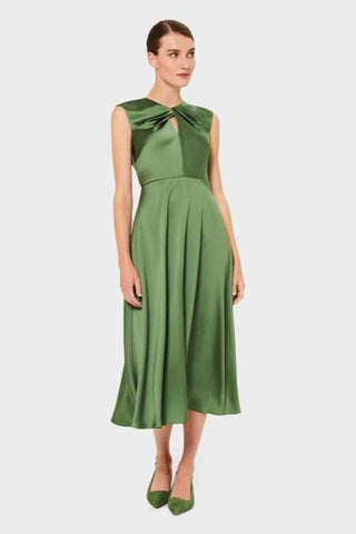 twist neck satin midi dress in green