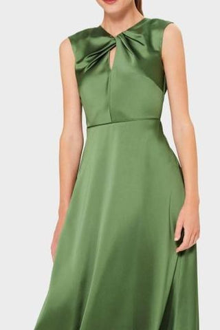 twist neck satin midi dress in green