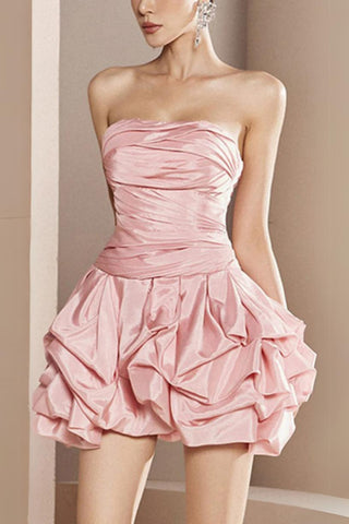 Satin Sleeveless Pleated Bubble Dress In Pink