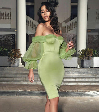 Satin strapless Puff Sleeve mini Dress in mint