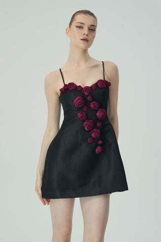 Elegant Burgundy 3D Floral Black Satin Mini Dress