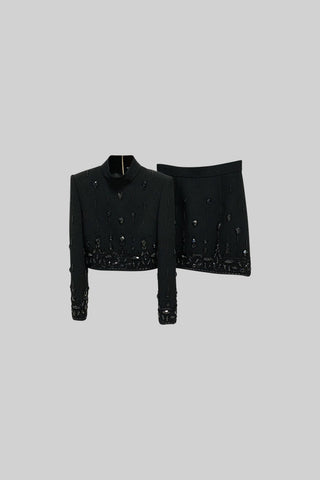 Diamond Embellished Co-Ord with Mini Skirt - Black