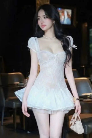 Lace embroidery puffy mini dress in blue