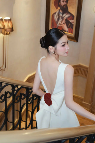 Joanna backless flower bow embellished mini dress in white