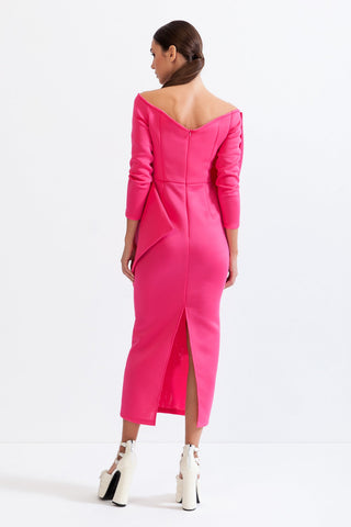 Long Sleeve Cut Out Ribbon Midi Dress - Fuchsia