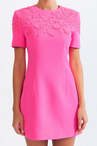 Short Sleeve Embroidered Dress with 3D Flowers - Fuchsia