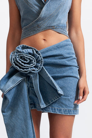 Asymmetrical Floral Denim Skirt - Blue