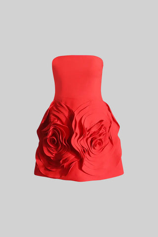 Sleeveless Mini Dress with Voluminous Floral Details - Red