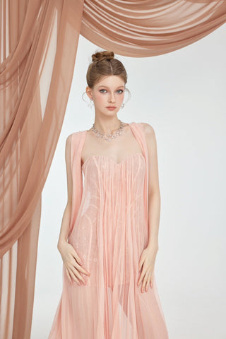 Thea Strapless Mesh Backless maxi Dress in pink