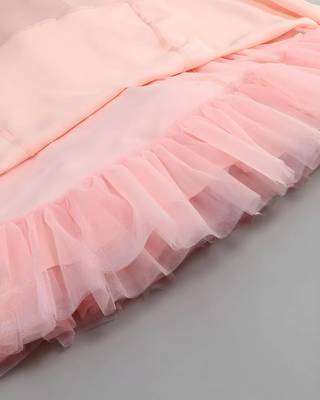 Satin Corset Tulle Layered A-Line Midi Dress - Baby Pink