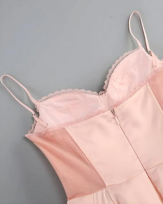 Satin Corset Tulle Layered A-Line Midi Dress - Baby Pink