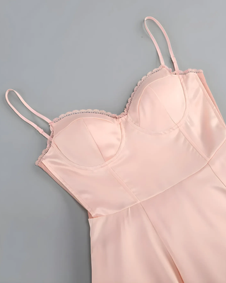 Satin Corset Tulle Layered A-Line Midi Dress - Baby Pink