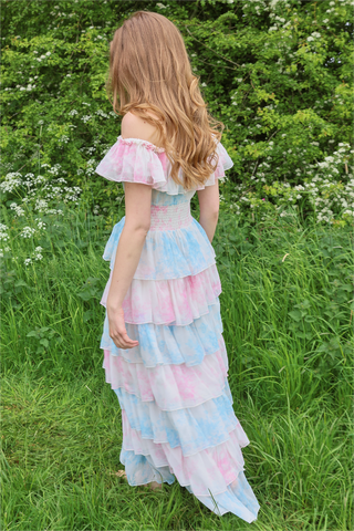 Tie Dye Ruffle Off-Shoulder Midi Dress