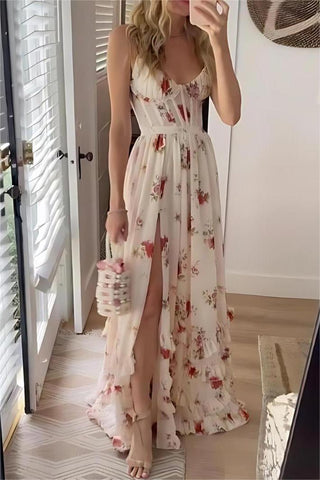 Floral Sweetheart Neck Split Midi Dress