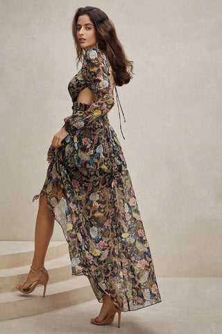 Chiffon Paisley Print Long Sleeve Midi Dress