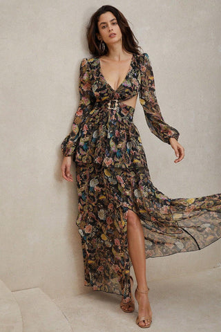 Chiffon Paisley Print Long Sleeve Midi Dress