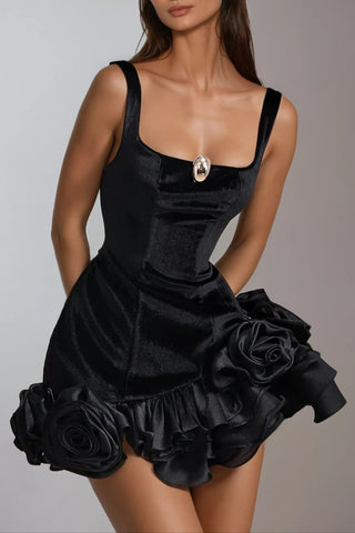 renata square neck flower velvet mini dress