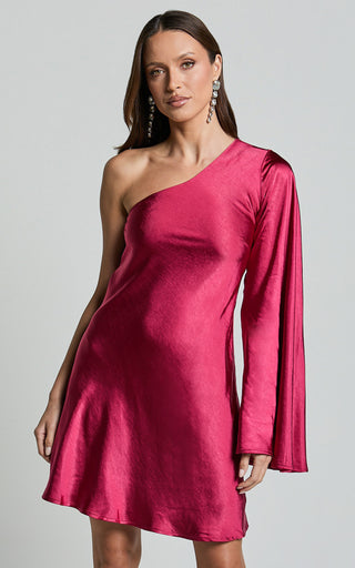 One Shoulder Long Sleeve Dress in Berry