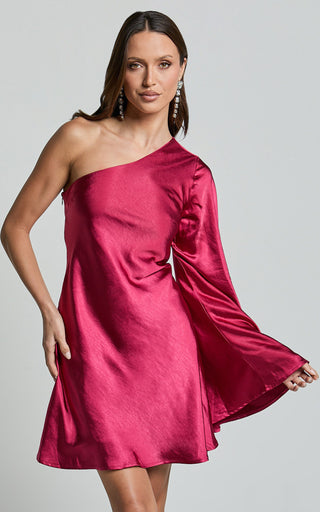 One Shoulder Long Sleeve Dress in Berry