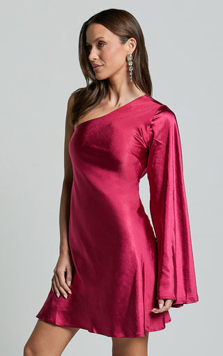 One Shoulder Long Sleeve Dress in Berry