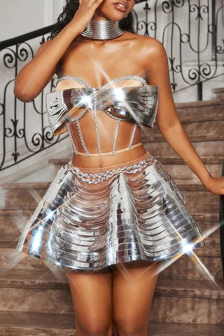 KRETSKA CRYSTAL METALLIC SKIRT SET IN SILVER