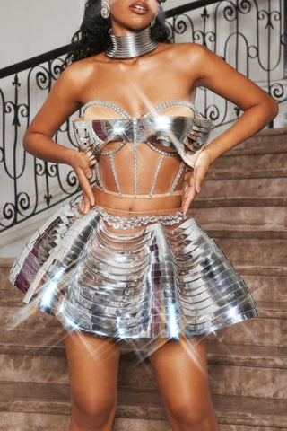 KRETSKA CRYSTAL METALLIC SKIRT SET IN SILVER